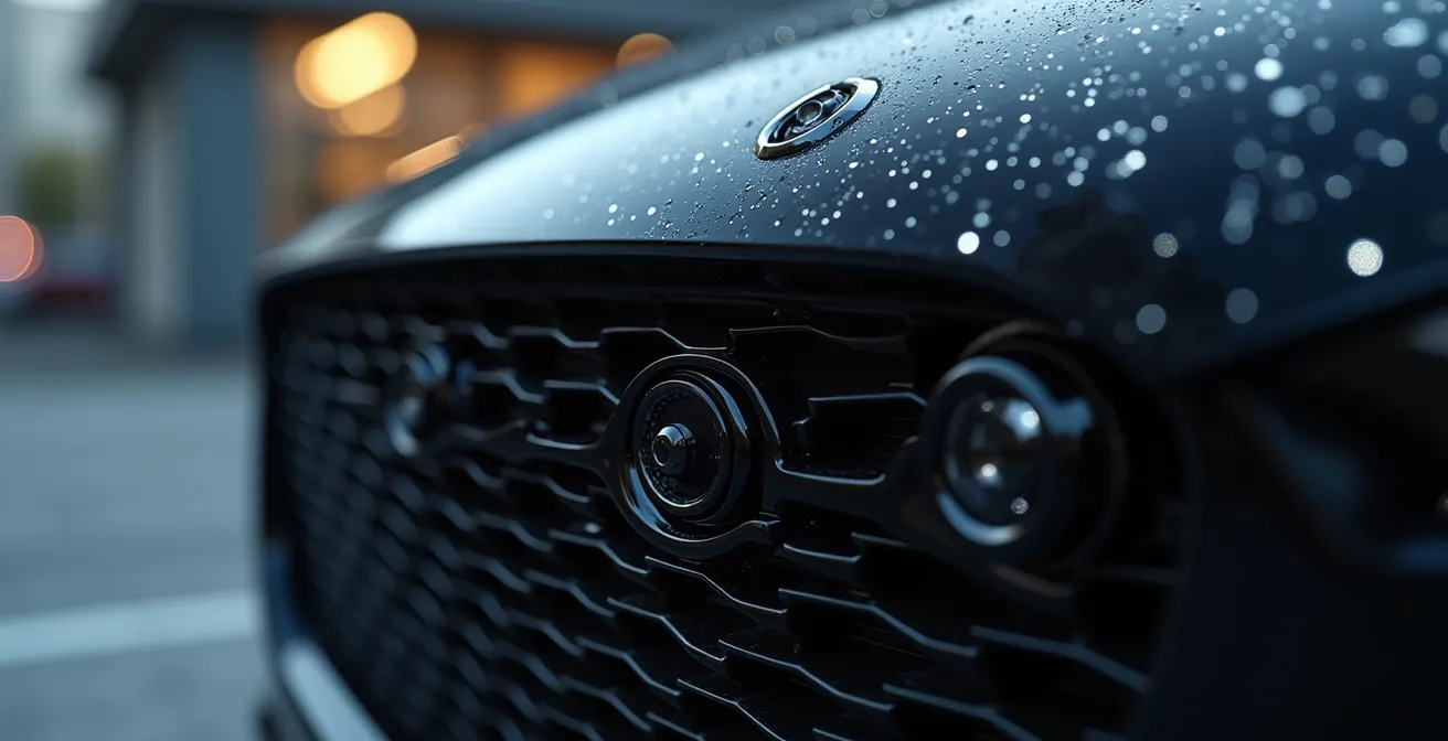 Detailaufnahme moderner Sensoren und Kameras an einem deutschen Premium-Fahrzeug