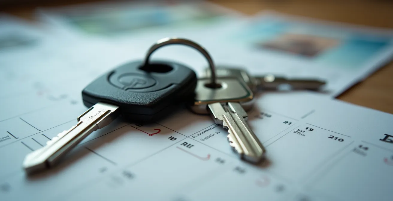 Makroaufnahme von Kalenderblättern mit Autoschlüsseln, die das Konzept der planbaren Kurzzeitmiete im Vergleich zum Abo visualisiert.