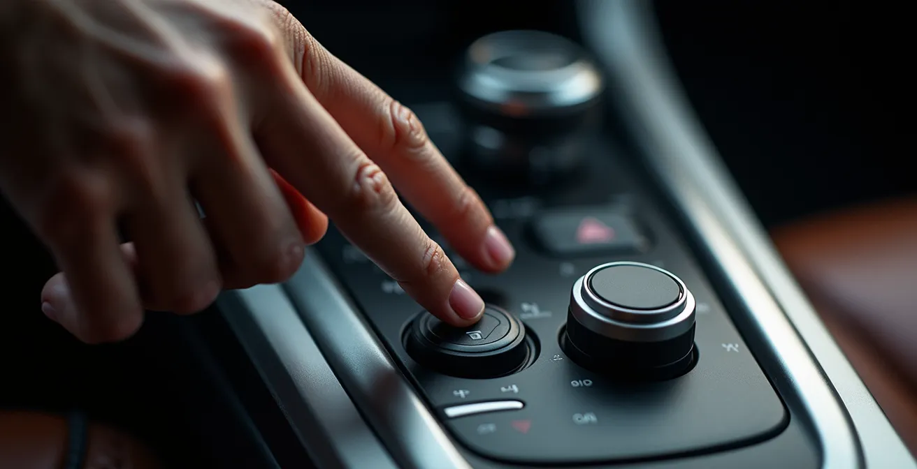 Nahaufnahme von Händen, die Datenschutzeinstellungen im Auto über das Infotainment-System anpassen