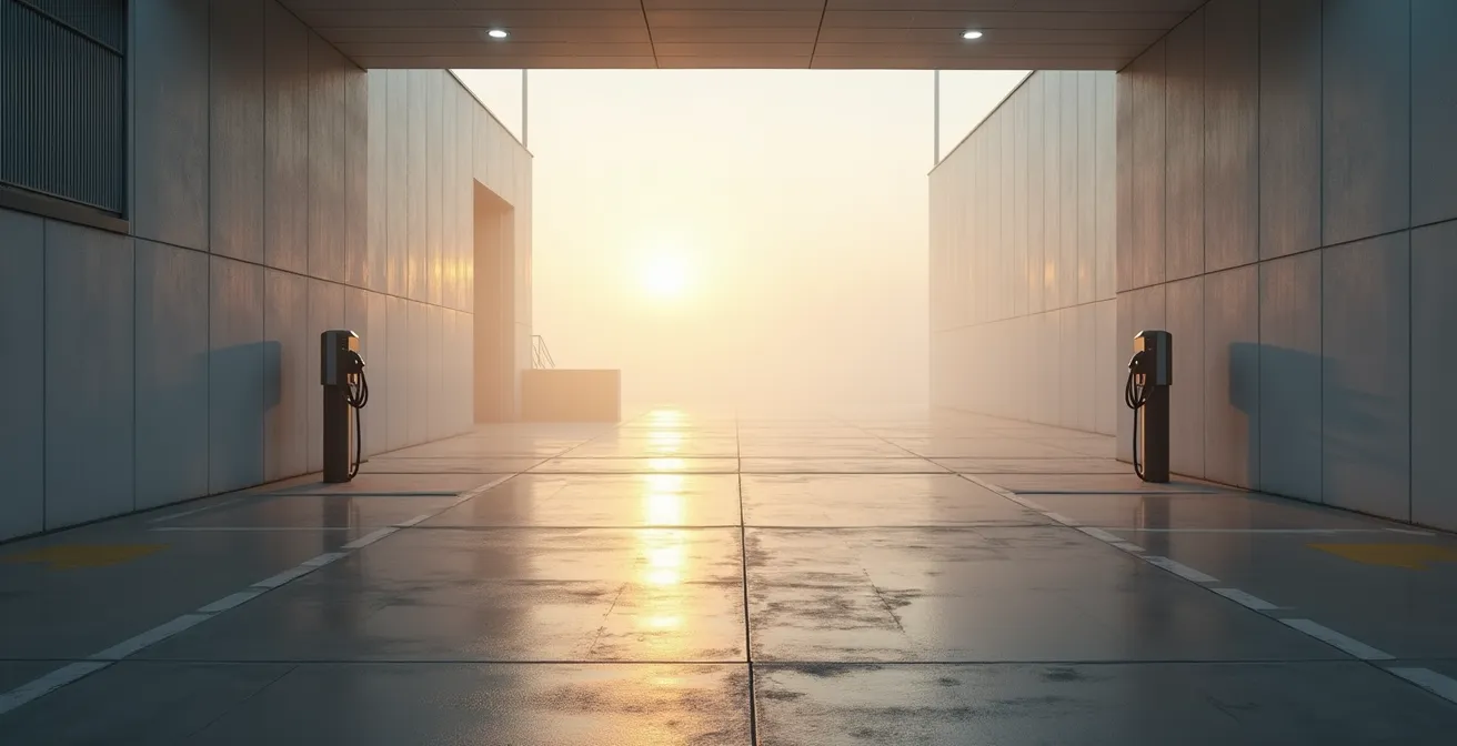 Abstrakte Visualisierung der Break-Even-Analyse für gewerbliche Nutzfahrzeuge in einem modernen Logistikdepot.