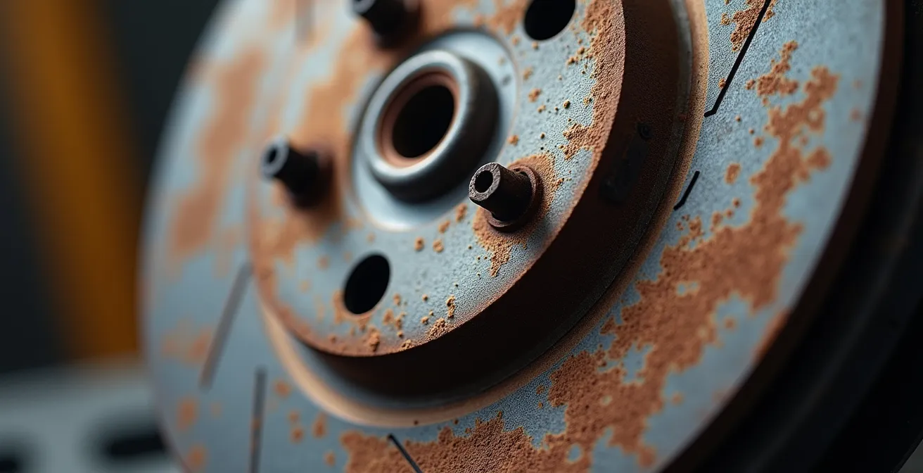 Makroaufnahme einer verschlissenen Bremsscheibe mit sichtbaren Rillen und Rostspuren