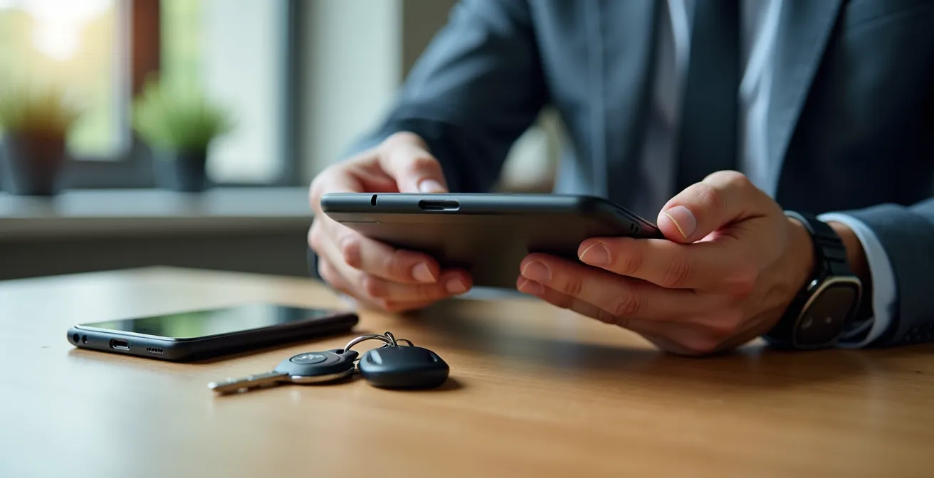 Nahaufnahme von Händen, die einen Taschenrechner bedienen, mit Autoschlüsseln und Smartphone daneben, was die Berechnung des finanziellen Kipppunkts symbolisiert.