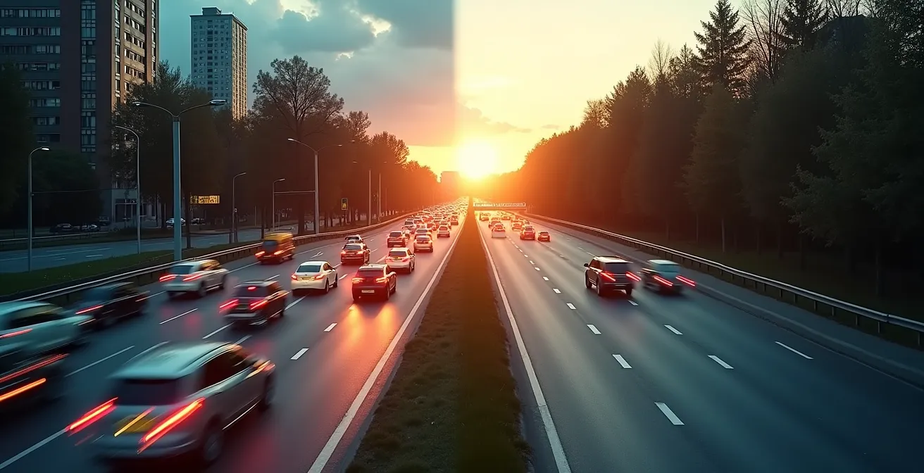 Geteilte Ansicht von Stadtverkehr mit Stau und freier Landstraße, die den Unterschied zwischen zeit- und kilometerbasierter Abrechnung symbolisiert.