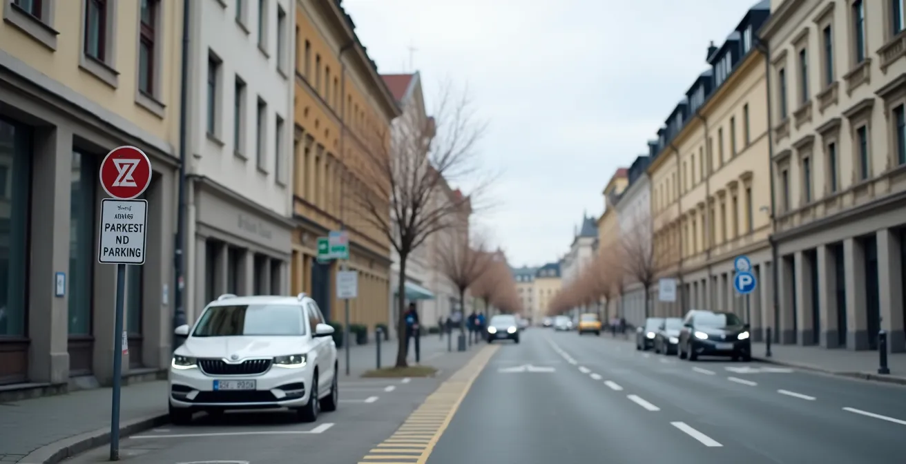 Weitwinkelaufnahme einer deutschen Stadtstraße mit verschiedenen Parkschildern aus der Ferne