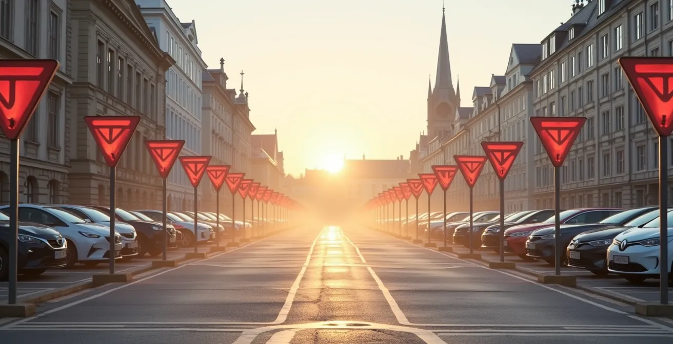 Leere Parkplätze in deutscher Innenstadt mit Dieselverbotsschildern
