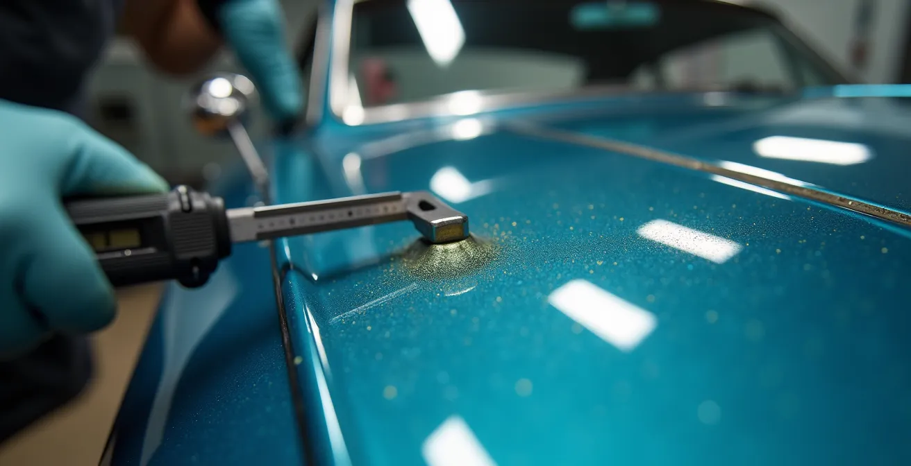 Makroaufnahme einer perfekt reparierten und lackierten Karosserieoberfläche, die die hohe Qualität der Instandsetzung zeigt.