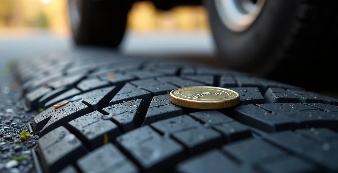 Reifenprofiltiefe-Test mit 1-Euro-Münze zur Gewährleistung der Verkehrssicherheit