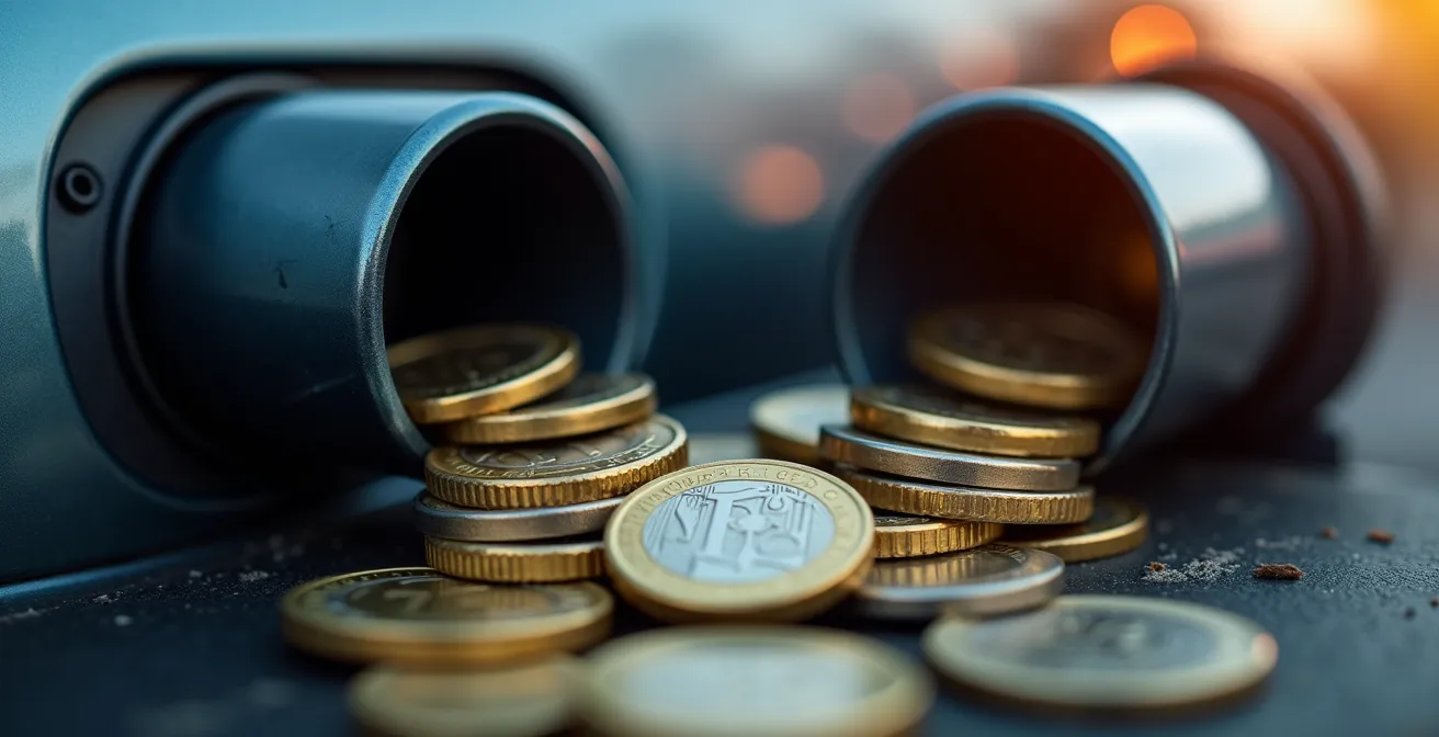 Makroaufnahme von Euro-Münzen, die zwischen einem Ladekabel für Elektroautos und einem traditionellen Tankdeckel liegen, als Metapher für den Kostenvergleich.