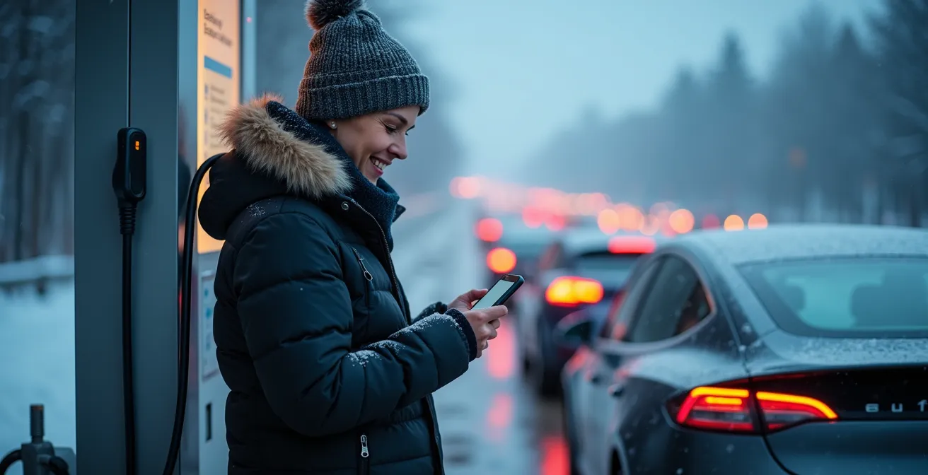 Eine Person in Winterkleidung prüft eine Lade-App auf ihrem Smartphone, während ihr Elektroauto an einer deutschen Autobahn-Ladestation bei Schneefall lädt.