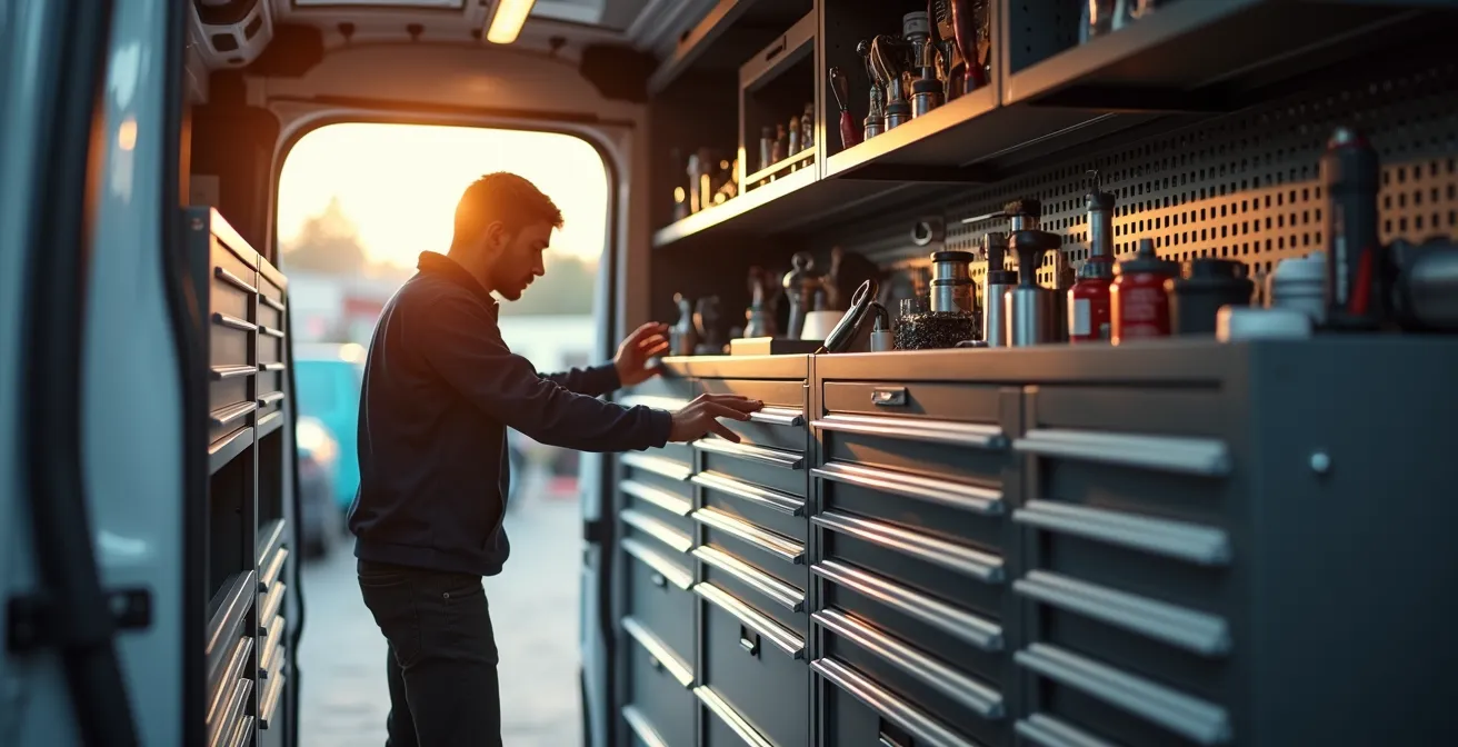 Ergonomische Anordnung von Werkzeugen und Regalen im Transporter