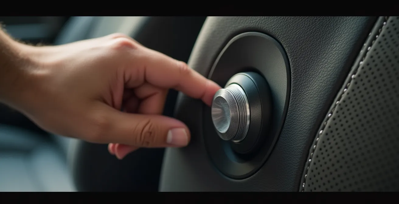 Nahaufnahme der Lordosenstützen-Einstellung im Autositz, eine Hand justiert den Drehknopf an der Seite eines hochwertigen Ledersitzes.