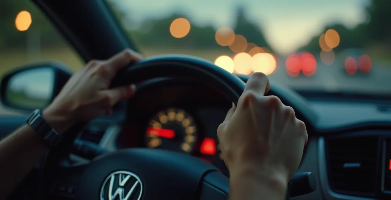 Nahaufnahme von Händen am Lenkrad während einer kritischen Fahrsituation