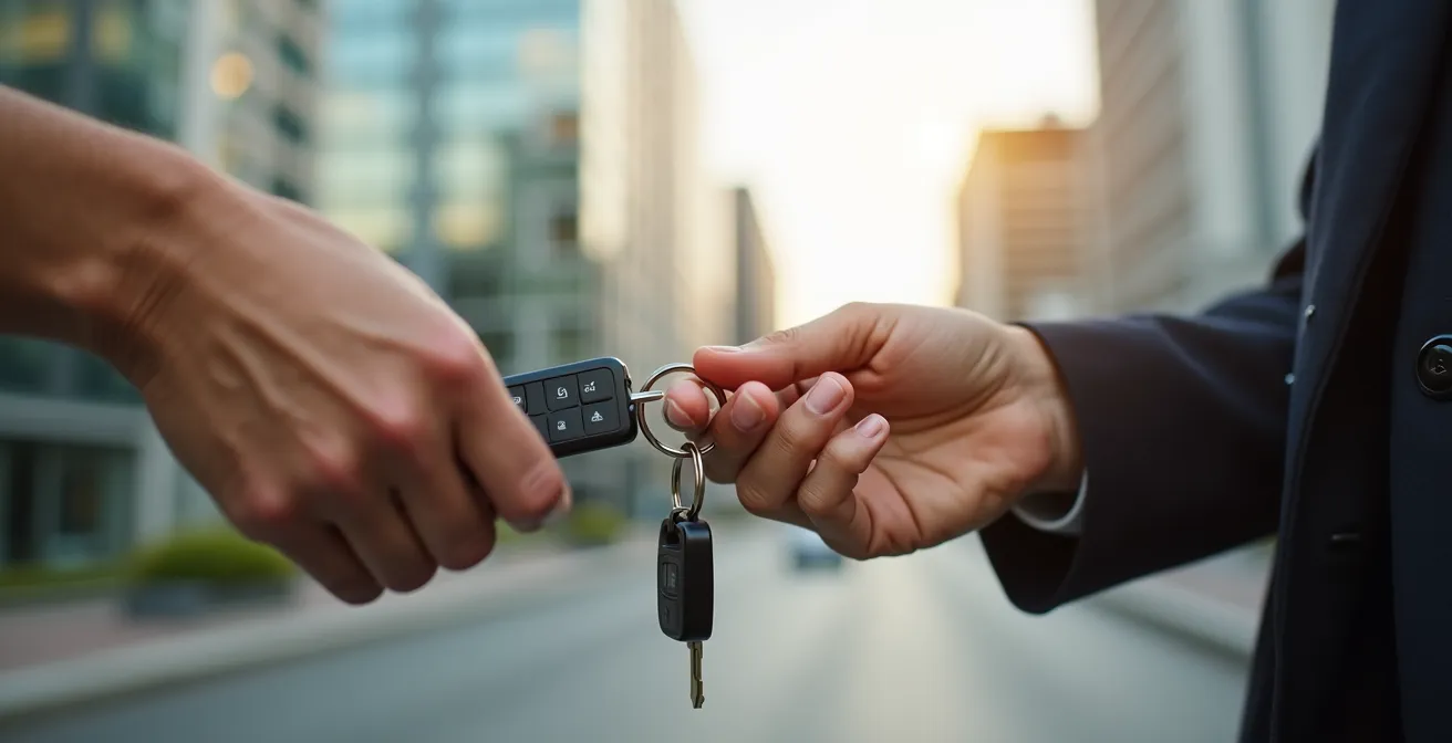 Nahaufnahme einer Schlüsselübergabe vor unscharfem Stadtpanorama mit modernen Gebäuden