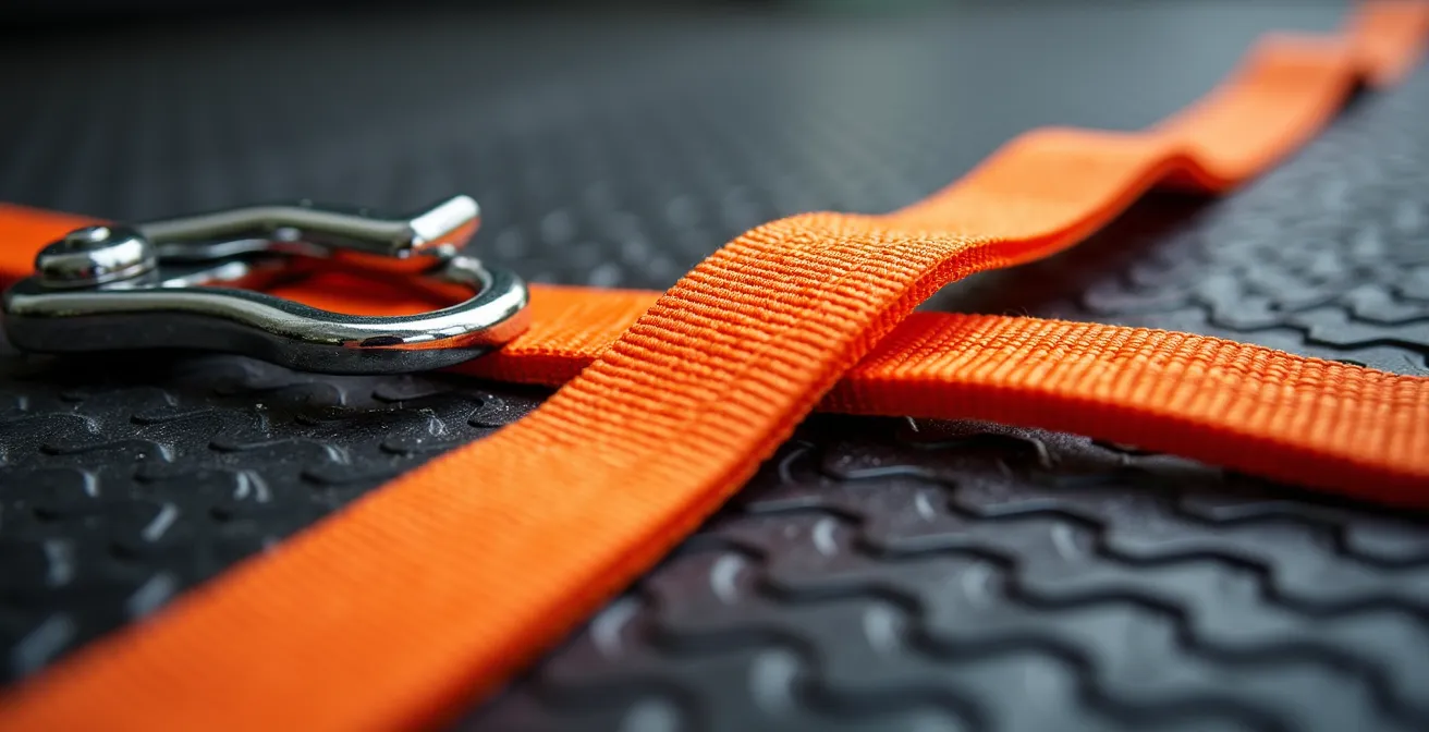 Nahaufnahme von Zurrgurten und Antirutschmatten bei der Ladungssicherung