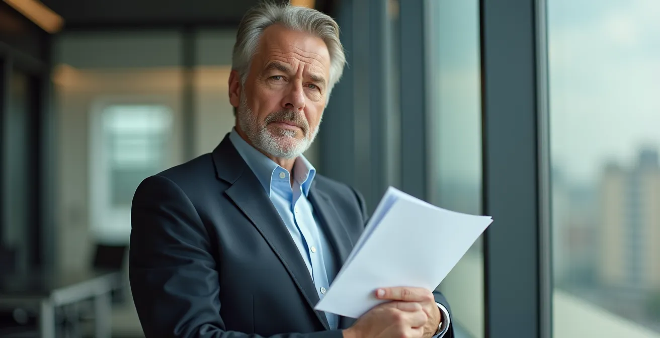 Geschäftsmann zeigt Dokumente in modernem Büroumfeld