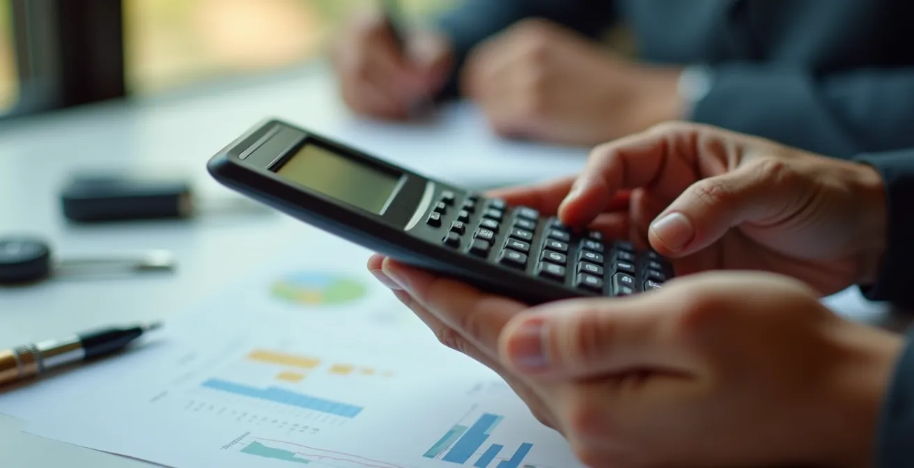 Nahaufnahme menschlicher Hände mit Taschenrechner und unscharfen Autodokumenten im Hintergrund