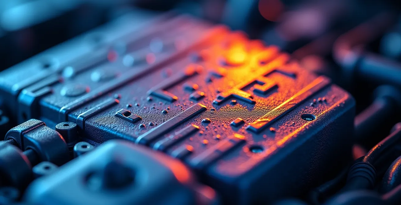 Makroaufnahme eines Motorblocks mit sichtbaren Temperaturunterschieden, die den hohen Energiebedarf beim Kaltstart symbolisieren