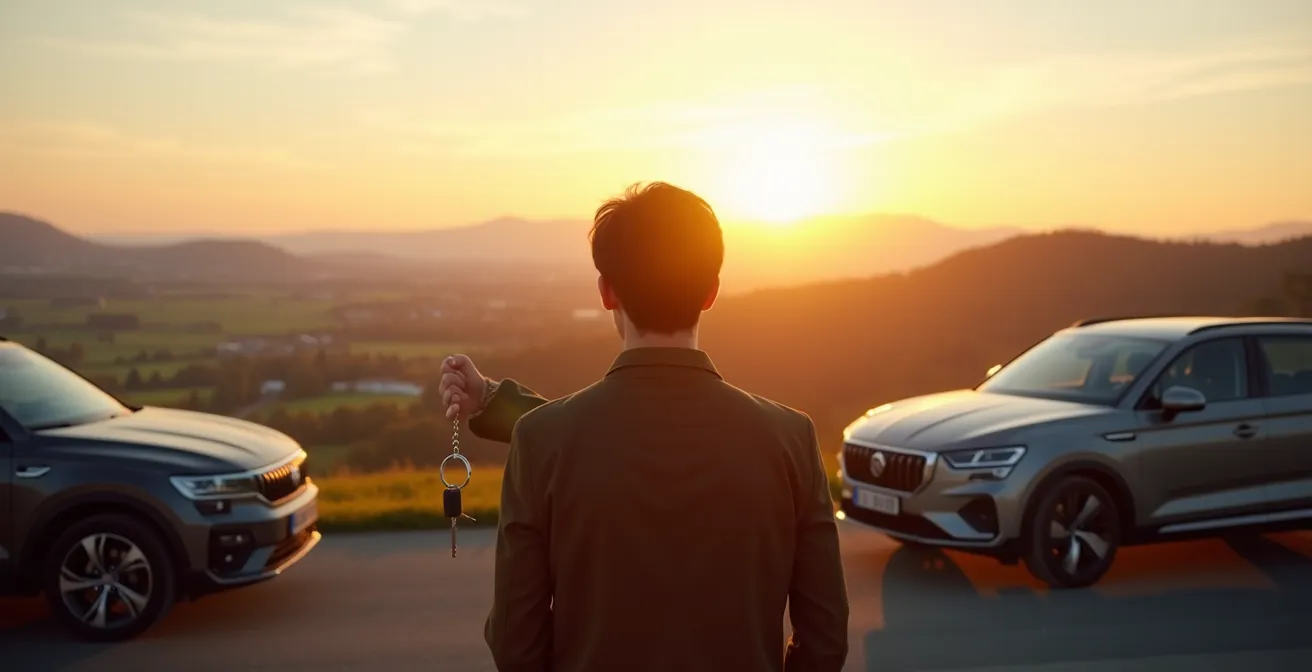 Drei Fahrzeugtypen – Crossover, Kompakt-SUV und Kombi – auf einer typischen Pendlerstrecke zwischen Stadt und Land in Bayern.