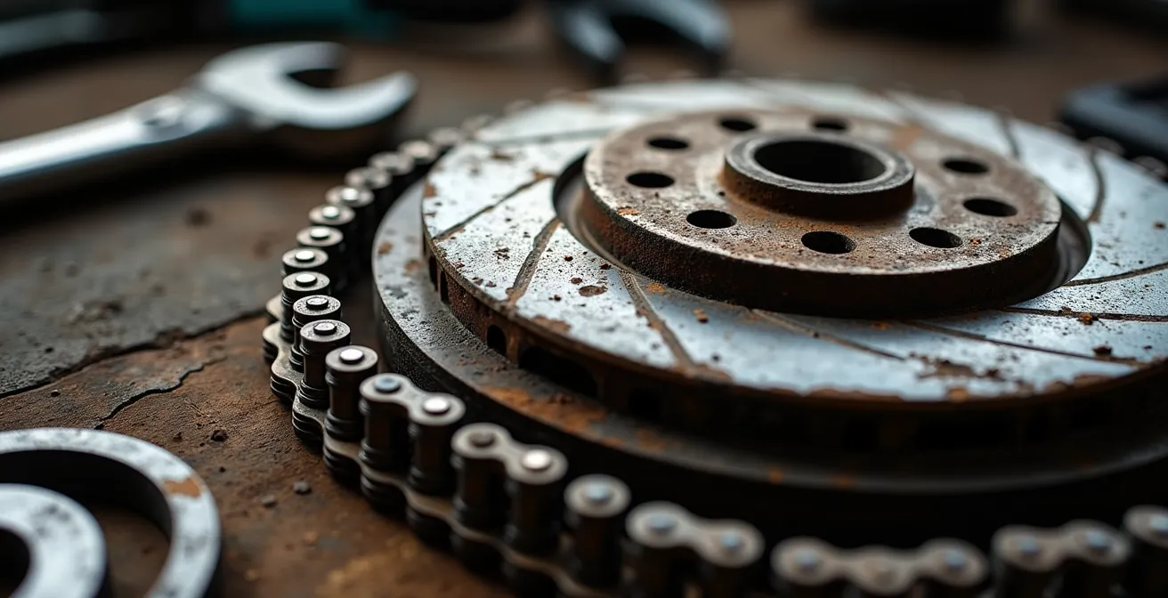 Makroaufnahme von Automechanikteilen mit Fokus auf Verschleiß und Alterung