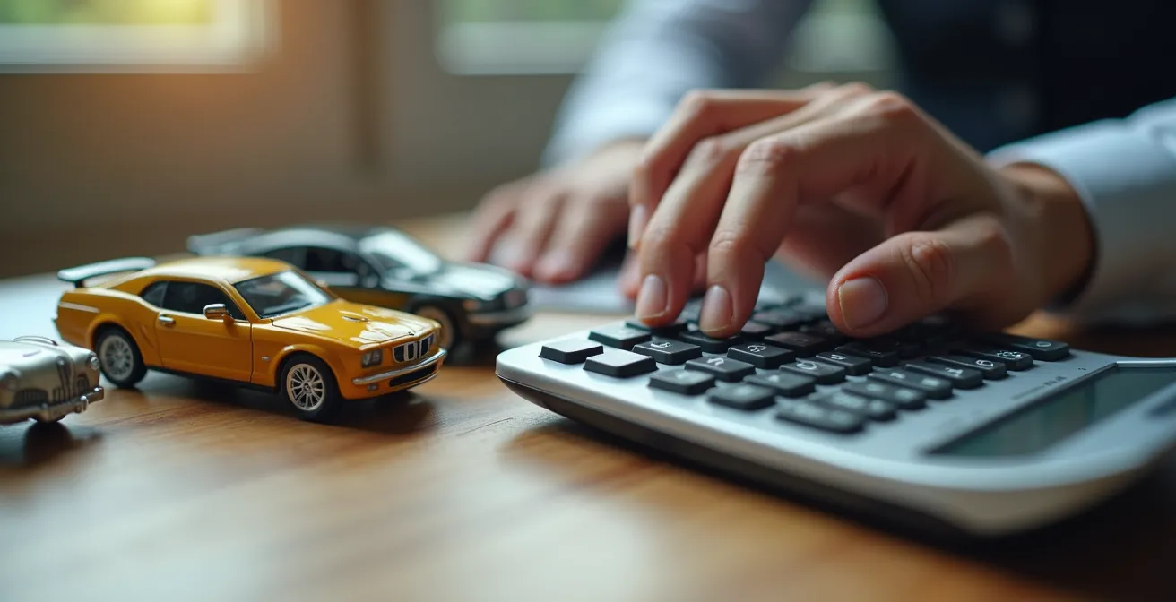 Nahaufnahme von Händen mit Taschenrechner und Automodellen auf Holztisch