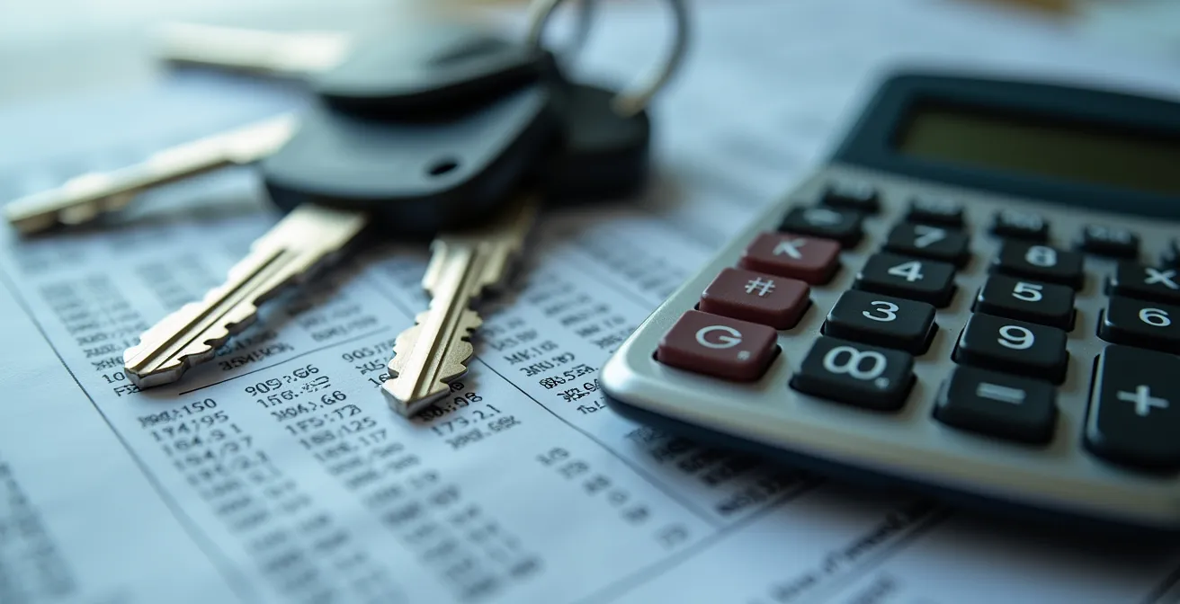 Makroaufnahme von Finanzunterlagen mit Taschenrechner und verschiedenen Autoschlüsseln auf Holztisch