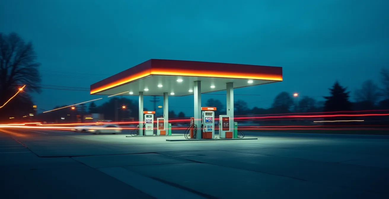 Weitwinkelaufnahme einer modernen Tankstelle bei Dämmerung mit abstrakten Lichtreflexen