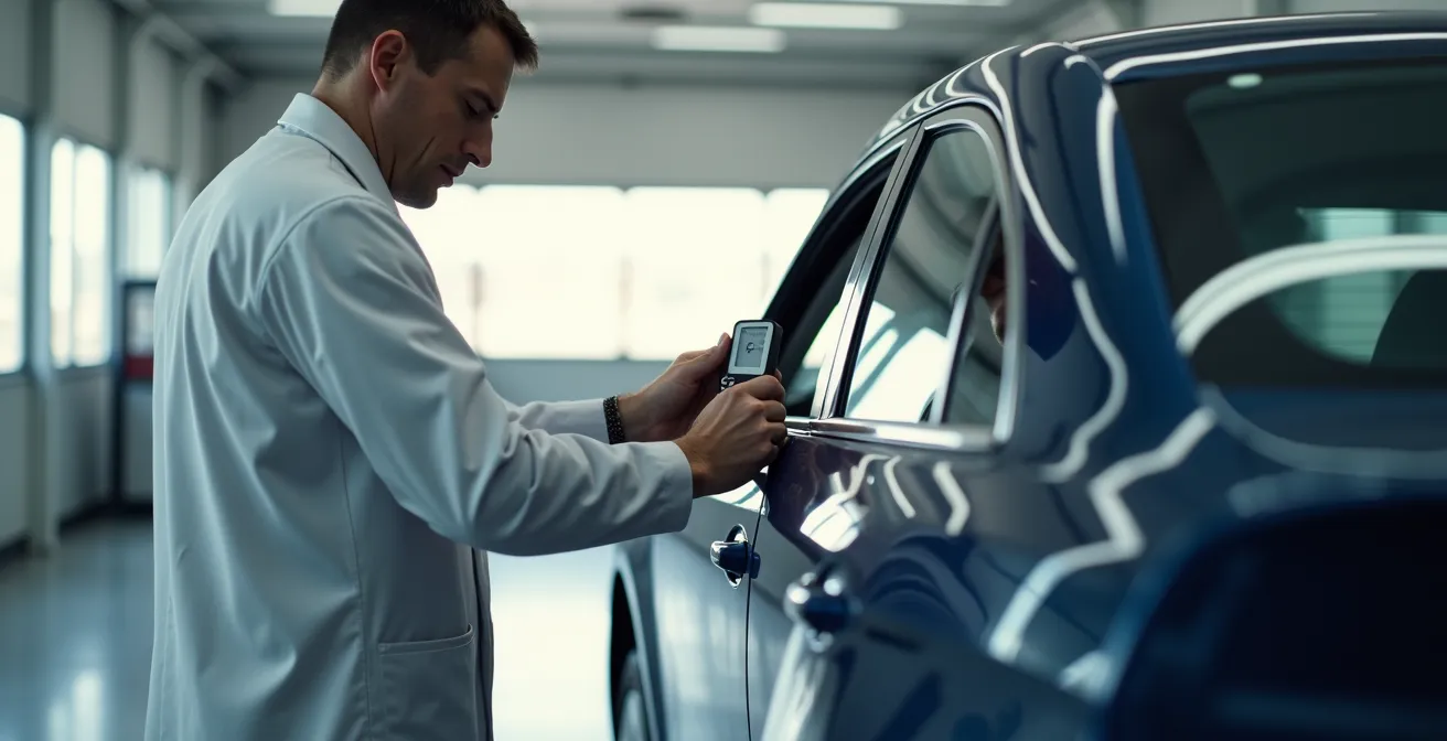 Detailaufnahme einer Lackdickenmessung an einer Autotür