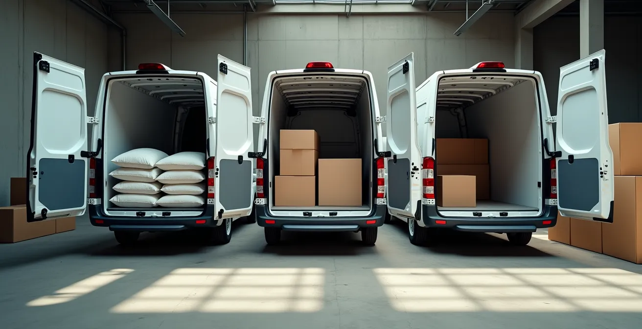 Querschnitt dreier Transporterladeräume mit unterschiedlichen Beladungsszenarien