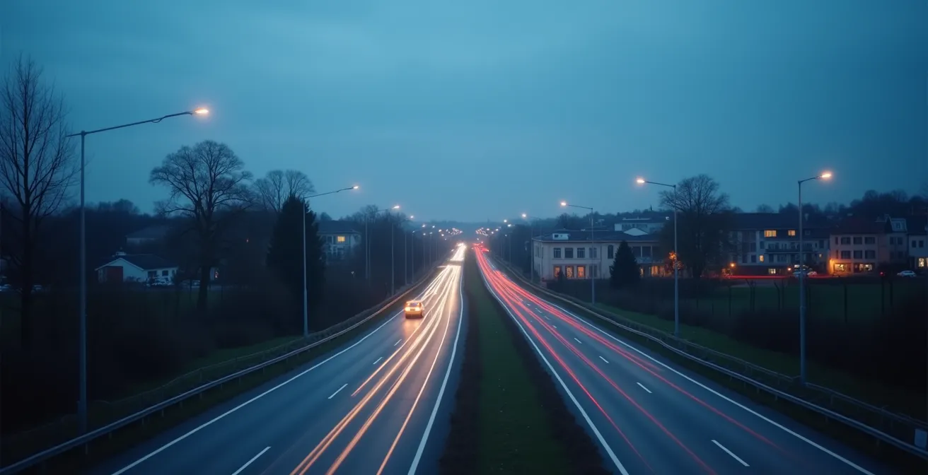 Weitwinkelaufnahme eines deutschen Stadtpanoramas mit verschiedenen Fahrzeugsilhouetten