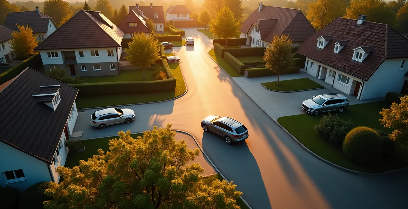Abstrakte Darstellung verschiedener Lebensphasen auf einer Straße mit passenden Fahrzeugtypen, vom Kleinwagen bis zum SUV