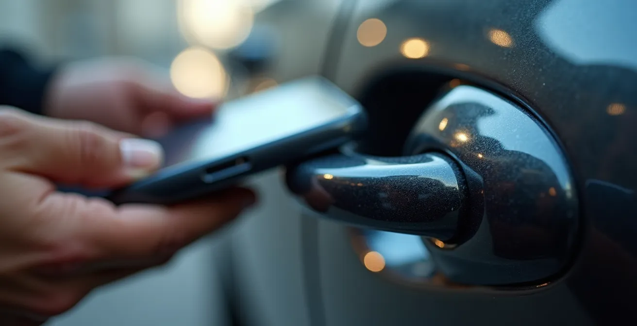 Detaillierte Fahrzeuginspektion eines Mietwagens, bei der Vorschäden mit einem Smartphone sorgfältig dokumentiert werden, um spätere Kosten zu vermeiden.