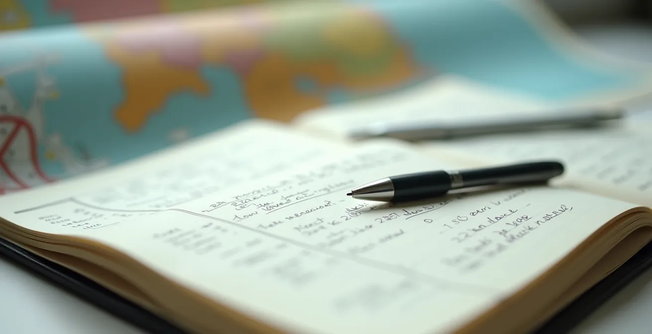 Nahaufnahme eines aufgeschlagenen Notizbuchs mit handschriftlichen Notizen und einem verschwommenen Stadtplan im Hintergrund