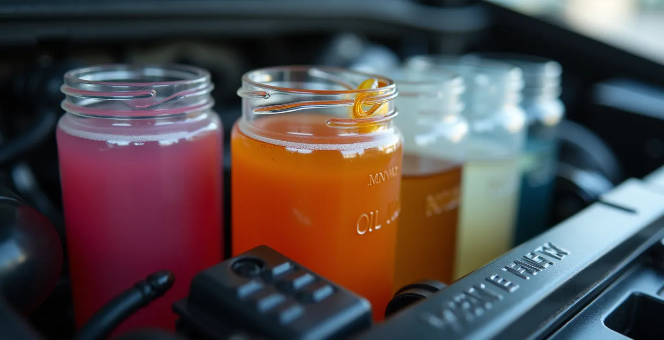 Nahaufnahme verschiedenfarbiger Flüssigkeitsbehälter im Motorraum mit MIN/MAX Markierungen