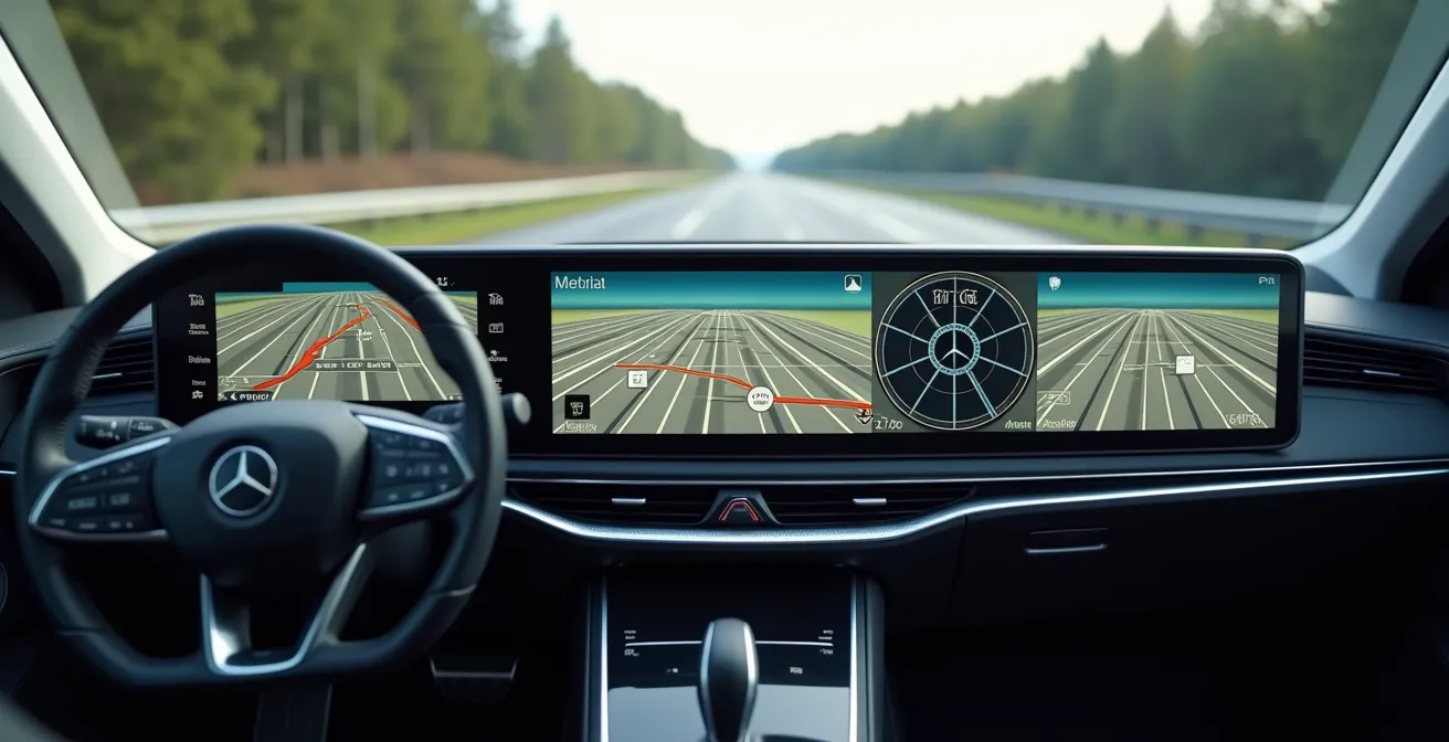 Drei verschiedene Auto-Navigationssysteme nebeneinander auf Displays im Armaturenbrett