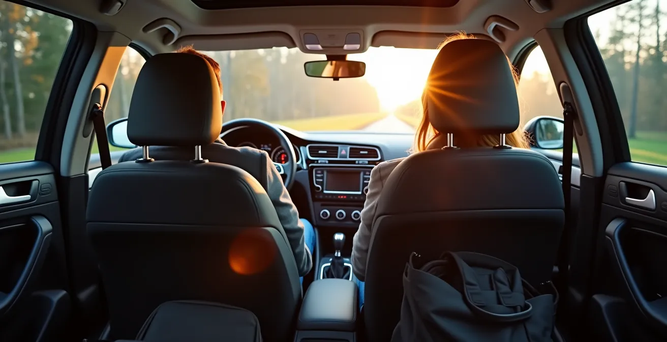 Komfortable Sitzanordnung in einem deutschen Pendlerauto mit drei Personen, die den Komfort einer 3er-Fahrgemeinschaft illustriert.