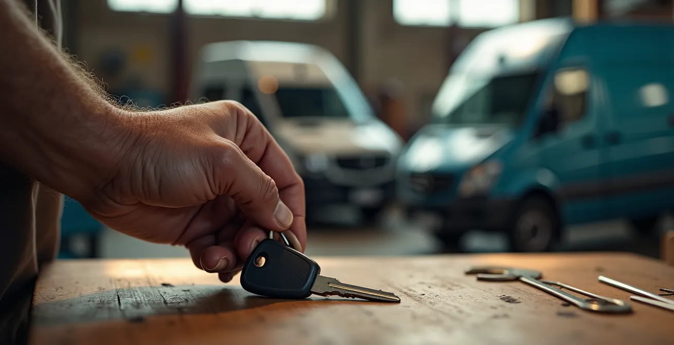 Nahaufnahme eines nachdenklichen Handwerkers vor zwei unterschiedlich großen Transportern