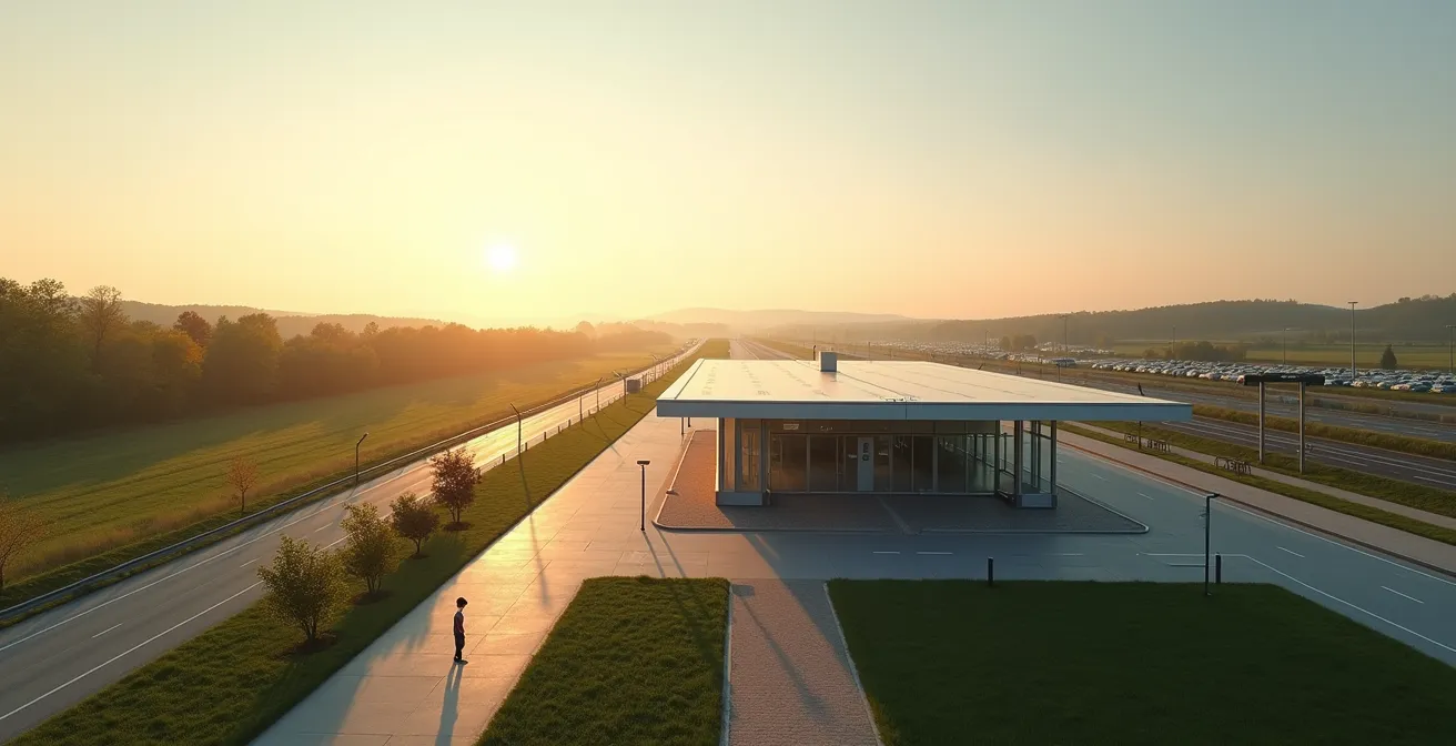 Weitläufiger Pausenbereich einer modernen deutschen Autobahnraststätte in der Abendsonne, mit Grünflächen und Spazierwegen.