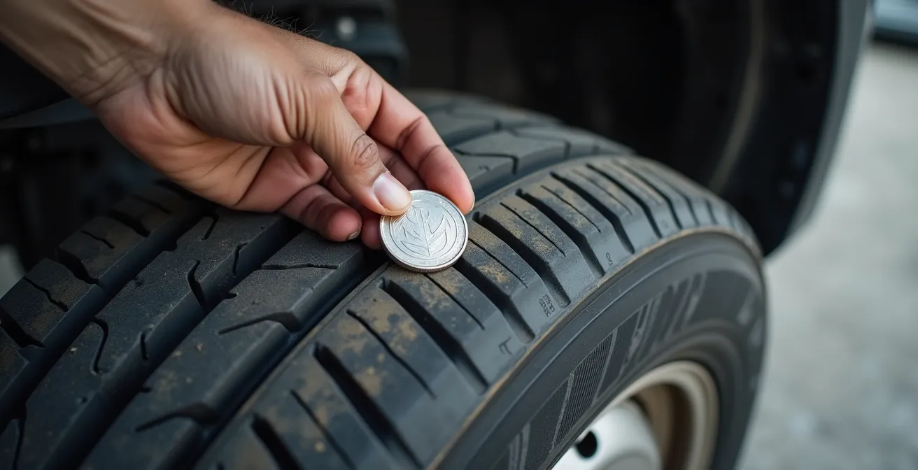 Hand prüft die Profiltiefe eines Reifens mit einer Euromünze bei Tageslicht.