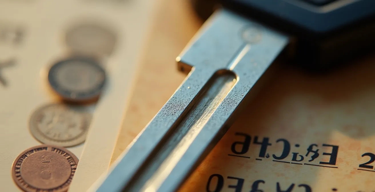 Detailaufnahme eines Autoschlüssels mit unscharfem Taschenrechner im Hintergrund, symbolisiert versteckte Kosten