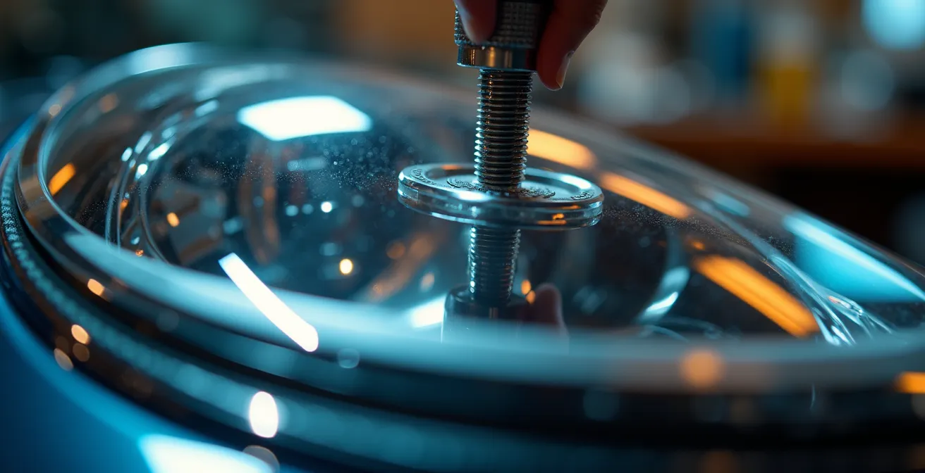 Makroaufnahme eines Scheinwerfer-Einstellgeräts bei der Justierung in einer deutschen Fachwerkstatt