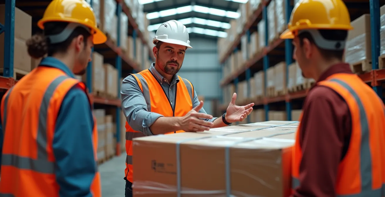 Arbeitgeber führt Ladungssicherungsschulung mit Mitarbeitern in Lagerhalle durch