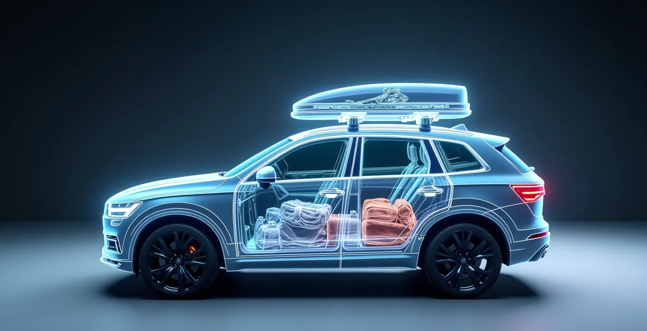 Seitliche Ansicht einer korrekt beladenen Dachbox mit optimaler Gewichtsverteilung