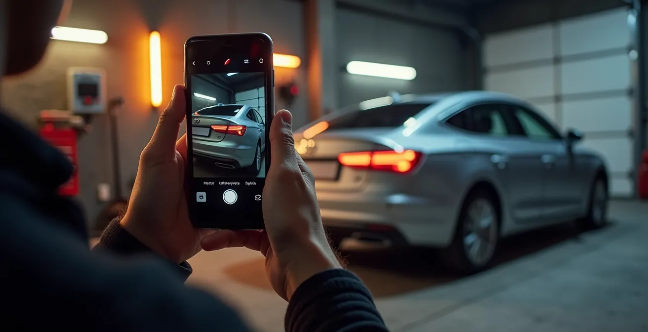 Detailaufnahme der Smartphone-Video-Methode zur Überprüfung der Fahrzeugbeleuchtung in einer privaten Garage