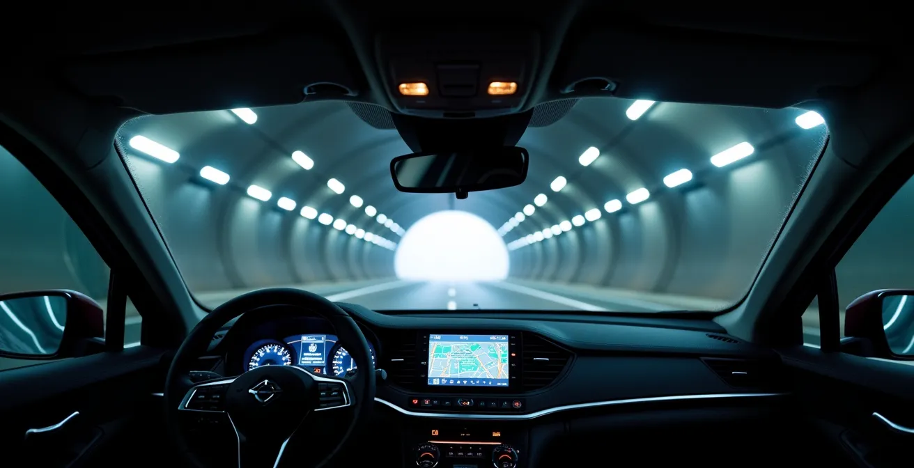 Fahrzeug durchfährt einen langen Tunnel, während das Navigationssystem auf dem Armaturenbrett aktiv bleibt.