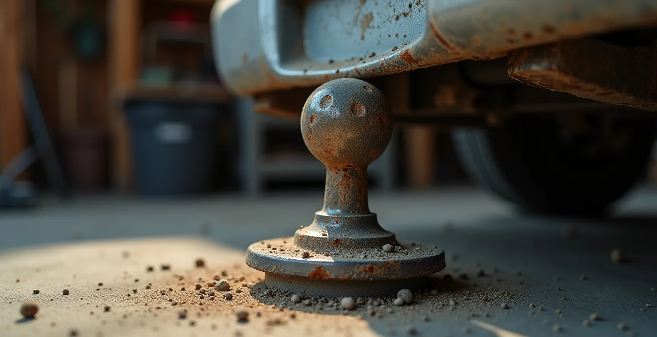 Ungenutzte Anhängerkupplung in einer Garage mit Staubschicht