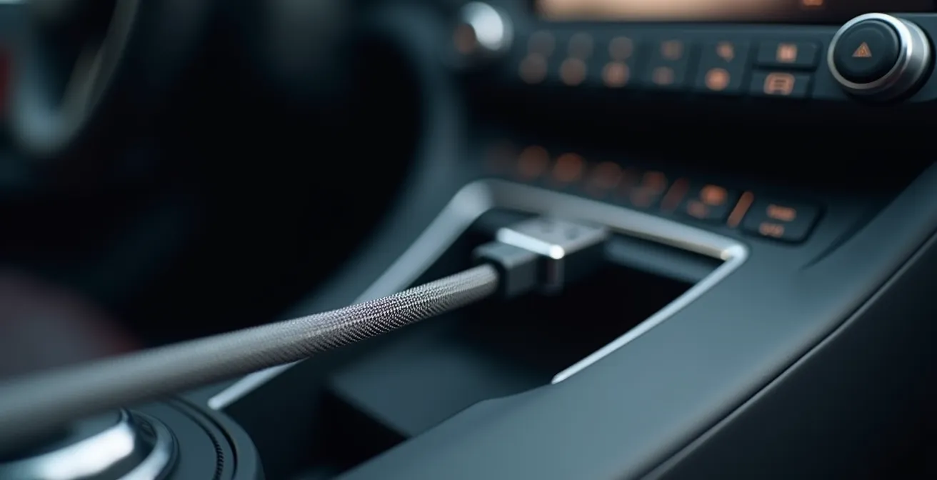 Nahaufnahme eines hochwertigen, geflochtenen USB-Kabels, das fest in der USB-Buchse einer Auto-Mittelkonsole steckt.