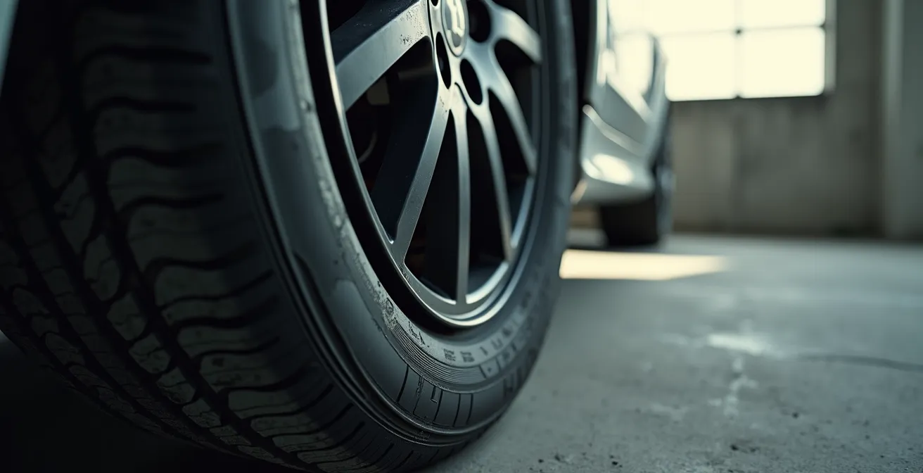 Mikroskopische Ansicht von durch UV-Strahlung geschädigtem Reifengummi, das feine Risse und Alterungsspuren zeigt.