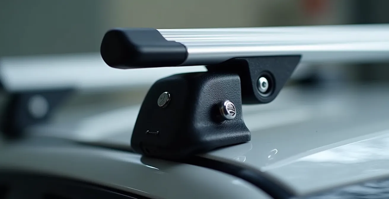 Detailaufnahme verschiedener Dachträgerbefestigungssysteme an modernem Auto