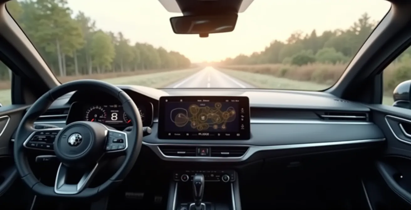 Minimalistisches Auto-Dashboard zeigt abstrakte Icons für vernetzte Funktionen
