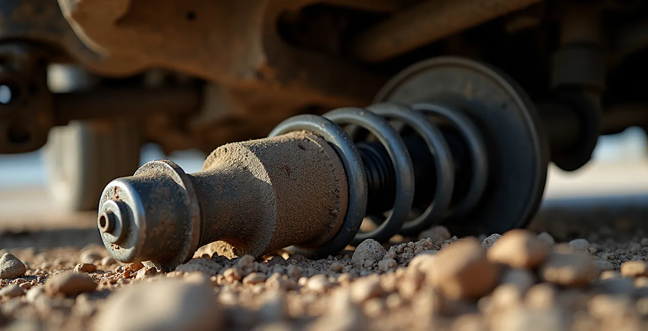 Detailaufnahme von verschlissenem Fahrwerk eines Kleinwagens auf einem Schotterweg